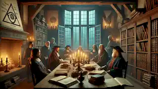 A candle-lit study in 17th-century Germany with intellectuals discussing manuscripts at a wooden table.