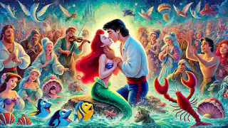 Prince Eric kissing Ariel, breaking the spell, as a crowd of sea creatures and humans celebrate around them.