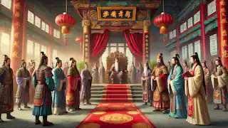 The Eight Immortals standing before the Emperor in a grand Chinese palace, holding their magical items.