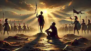 Athena spares Ares after defeating him in their final duel, as the sun sets behind the defeated battlefield.