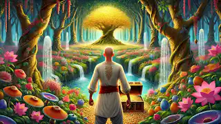 Hasan Kachal, bald and determined, standing in awe at the clearing of the enchanted garden.