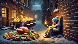 The girl lights her second match, seeing a grand feast with roasted goose and steaming vegetables before her.