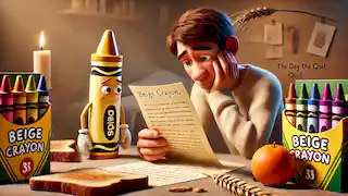 Duncan reads Beige Crayon’s letter, surrounded by neutral-colored drawings like toast.