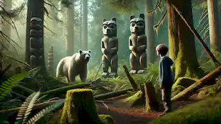 Aiden watches Yetsa, the Spirit Bear, standing in front of an ancient totem pole in the mystical forest clearing.