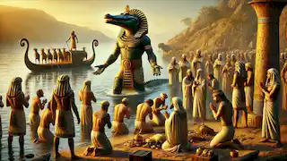 Sobek emerges from the Nile as Pharaoh Thutmose III and priests kneel before him, offering gold and livestock.