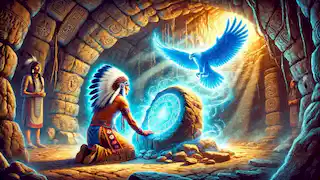 Blue Eagle kneeling before the glowing Sacred Stone in a hidden cave, with a mystical blue eagle spirit appearing.