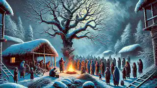 Villagers under a sacred Borik tree during a harsh winter, with snow-covered surroundings and a small fire for warmth.