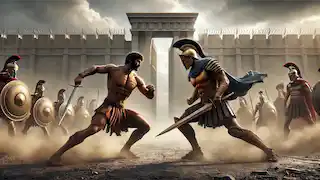 Achilles and Hector face off in a tense duel outside the walls of Troy, weapons raised, with dust swirling around them.