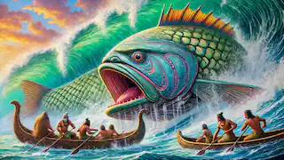 The colossal fish begins to surface, causing turmoil in the ocean around Māui's canoe.