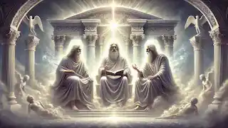 Minos, Aeacus, and Rhadamanthus judge souls before the gates of Elysium, surrounded by a glowing ethereal aura.