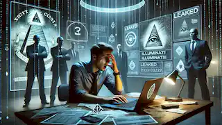 A modern room with a man on a laptop surrounded by glowing screens displaying leaked Illuminati documents.