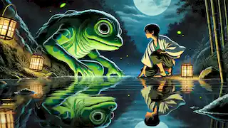 Kenta crouches at the riverbank while the Kappa emerges from the water under the moonlight.