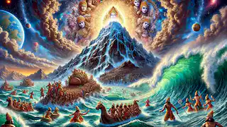 Mount Mandara sinks into the cosmic ocean as Vishnu prepares to descend in his Kurma avatar to support it.