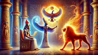 Thoth mediates a dispute between Ra and Sekhmet in a grand hall glowing with divine carvings.