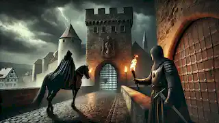 A cloaked rider arrives at Rothenburg’s gates during a storm, met by a vigilant gatekeeper with a torch.