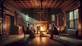 Four people sit nervously in the dimly lit parlor of Hill House, discussing the strange events with fear on their faces.