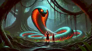 Renkor and Lyra confront a serpent coiled around the ancient tree, their colors glowing with determination.