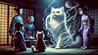 Tama, the cat, begins a transformation in a dim room as Ayame and family look on in shock.