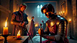 Geoffrey de Charney facing Sir Roland's betrayal in a dimly lit medieval chamber.