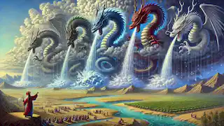 The dragons create rain clouds, their massive forms hidden in the sky as they summon water to restore life to the land.