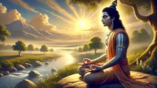 Arjuna meditates peacefully by a river, reflecting on the teachings of Krishna, with mountains and a calm atmosphere around him.