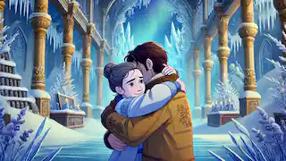 Gerda hugs Kai, melting the ice around him in the Snow Queen's palace.