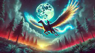 A large winged Hippogriff soaring through the night sky, carrying a rider, illuminated by the moonlight over a forest.