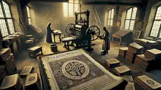 A 17th-century printing press at work in a dim room, with manuscripts and a scholar in the background.