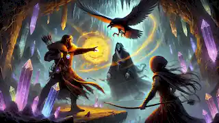 Erik confronts the shadowy sorcerer Mordain in a glowing cavern, wielding his radiant amulet as Astrid draws her bow.