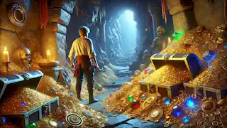 Arman stands at the threshold of a cavern filled with treasure, tempted by the wealth but knowing his true goal lies ahead.