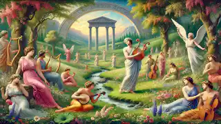 Orpheus plays his lyre in the Elysian Fields, enchanting souls amidst green meadows and vibrant wildflowers.