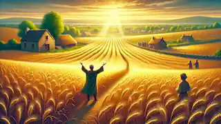 Eamon’s once-barren fields now lush with golden wheat, as his family celebrates the miraculous harvest in the distance.