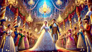 Marie and the Nutcracker Prince’s magical wedding in the candy palace, celebrated with glowing decorations and joyful guests.