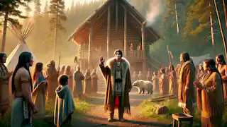 The young man returns to his village, where villagers welcome him, and the Spirit Bear watches from the forest.