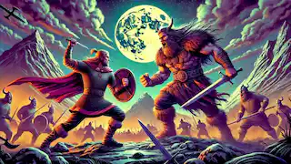 Grettir dueling a berserker under the moonlight.