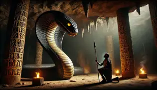 Bakar kneels before the legendary serpent Damballa in a dark, torch-lit cave covered in ancient carvings.