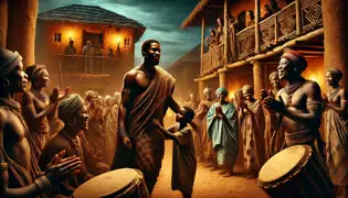 Bakar is welcomed home by his village at dusk, as drums beat and his father stands proudly before him.