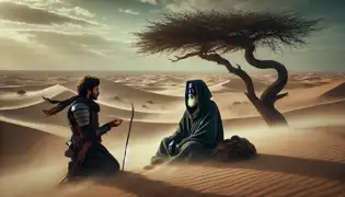 Bakar listens to the blind sage’s riddle under an acacia tree in the vast desert, as the wind carries ancient whispers.