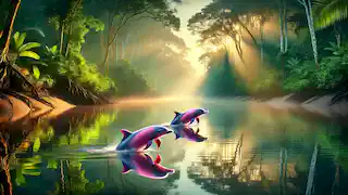 Two pink dolphins swimming in the serene Amazon River at dawn, surrounded by lush rainforest and soft sunlight.