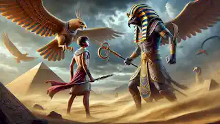 Horus faces Set in a desert landscape, both in Egyptian armor, as a storm swirls around them.