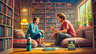 Hazel and Augustus reading and discussing a book in a cozy living room with bookshelves and soft lighting.