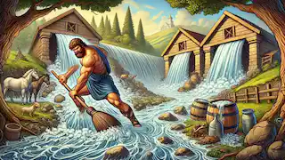 Hercules diverting rivers to clean the Augean Stables, washing away years of accumulated filth.