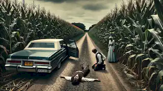 A man kneels beside a child's body on a rural road while a woman stands nearby, both surrounded by ominous cornfields.