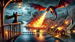 Smaug flies toward Lake-town, breathing fire, as Bard the Bowman prepares to shoot an arrow from a tower.