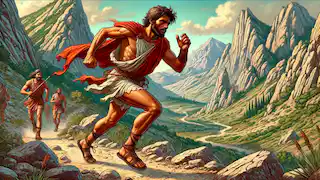 Pheidippides running through rugged terrain towards Sparta, showcasing the challenging landscape.