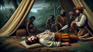 Ponce de León lies gravely wounded in his tent, surrounded by his men, as the tropical jungle looms in the background.