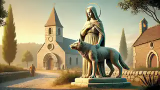 A statue of Saint Martha and the Tarasque stands in front of a village church, illuminated by warm afternoon sunlight.