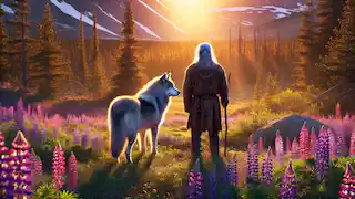 An older Eamon stands with the Lupine Wolf in a sunlit clearing, both gazing out over the vibrant spring forest.