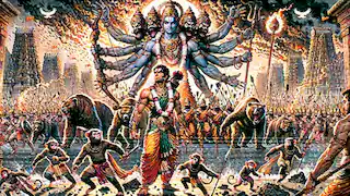 Rama leads an army of monkeys and bears in a battle against the demon king Ravana.