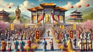 A modern-day Chinese festival honors the Yellow Emperor with traditional attire and flowers at a grand monument.